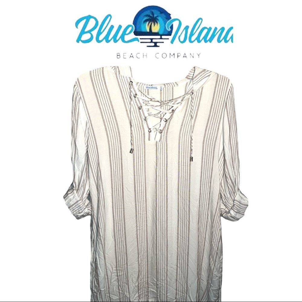 Blue Island Beach Swim Coverup Pinstripe Hooded Tie Front V Neck Pullover Top